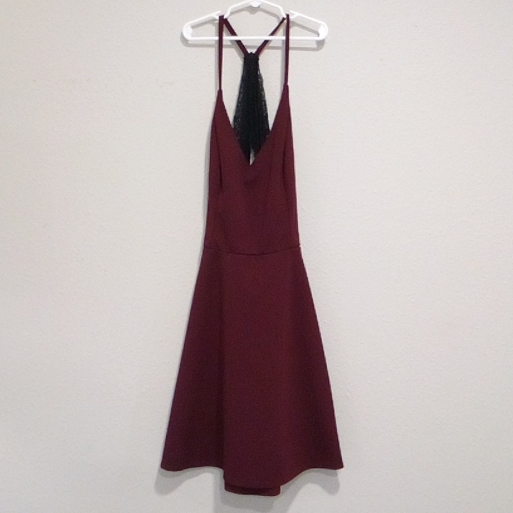 Spaghetti strap dress, burgundy, black lace, junior size XL